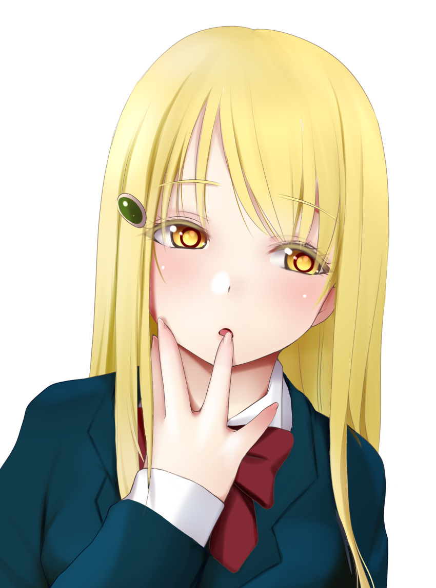 :o absurdres blonde_hair blue_jacket blush bow bowtie female finger_to_mouth hair_ornament hairclip head_tilt hidaka_koharu high_score_girl highres jacket kozue_akari long_hair long_sleeves looking_to_the_side parted_lips red_bow red_bowtie school_uniform simple_background solo transparent_background upper_body yellow_eyes