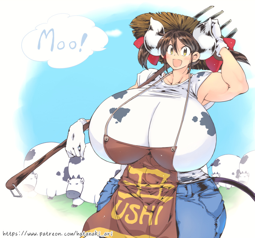 :d ambiguous_gender animal_humanoid animal_print apron big_breasts blush bottomwear bovid bovid_humanoid bovine bovine_humanoid breasts brown_hair cattle cattle_humanoid clothed clothing cow_print denim denim_bottomwear denim_clothing english_text female feral gloves group hair handwear hat hataraki_ari headgear headwear hi_res holding_object horn huge_breasts humanoid humanoid_focus jeans mammal mammal_humanoid pants pitchfork shirt smile solo_focus sukimi_(hataraki) text text_on_apron text_on_clothing tools topwear twintails url yellow_eyes