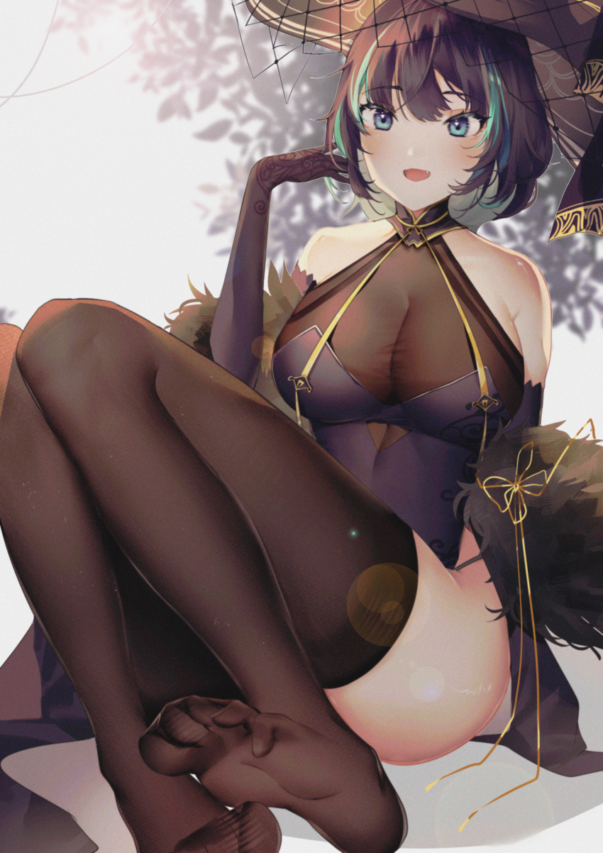 absurdres azur_lane bad_id bad_pixiv_id bare_shoulders black_headwear blue_eyes blue_hair breasts cheshire_(azur_lane) cheshire_(cait_sith_crooner)_(azur_lane) china_dress chinese_clothes cleavage dress elbow_gloves feather_boa feet female gloves highres large_breasts multicolored_hair no_shoes official_alternate_costume pelvic_curtain purple_dress purple_gloves purple_hair see-through see-through_cleavage shadow short_hair sleeveless sleeveless_dress streaked_hair thighhighs thighs xiongshouji