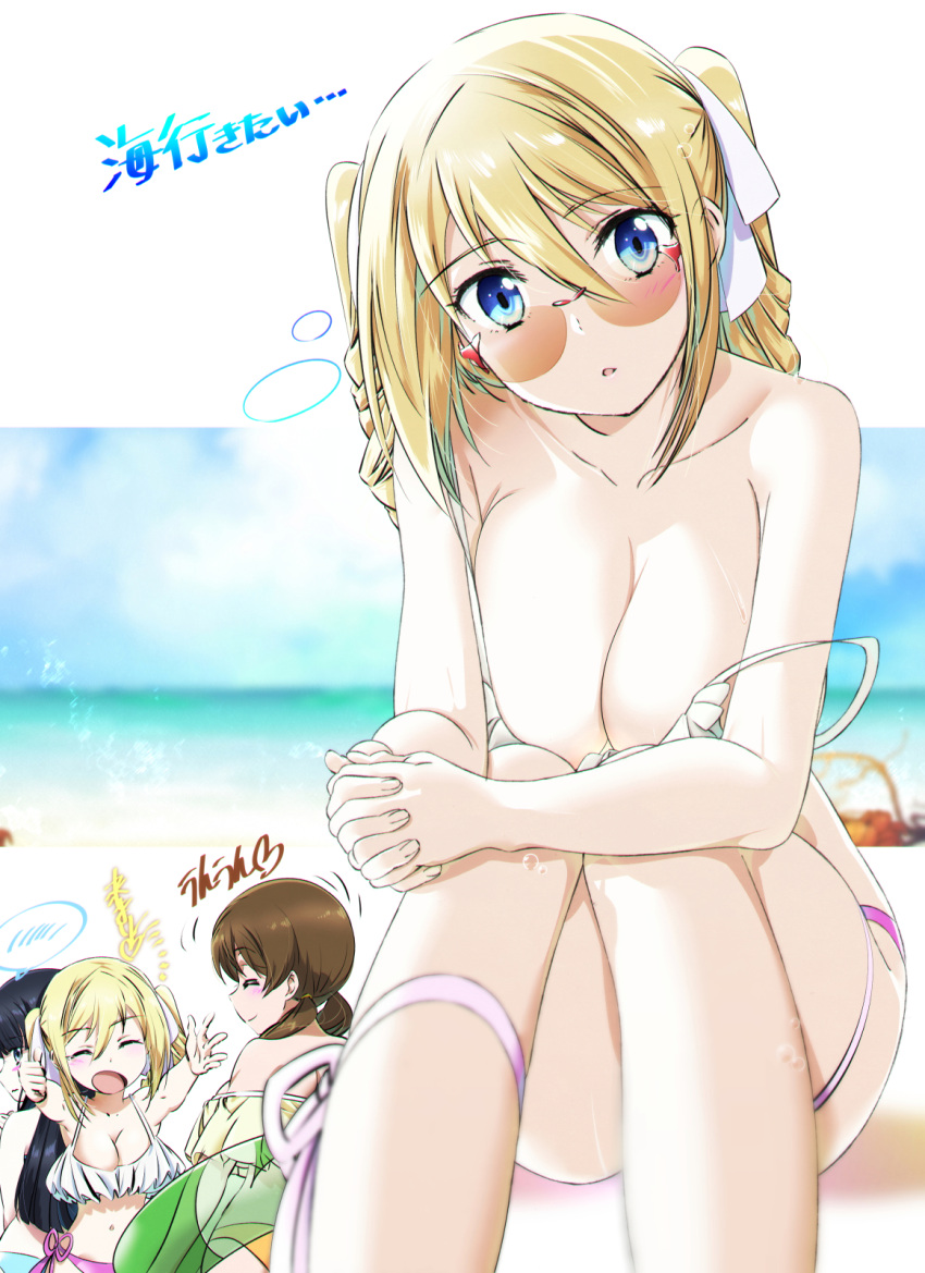 3girls angelina_kudou_shields beach bikini black_hair blonde_hair blue_eyes breasts brown_hair drill_hair drill_sidelocks highres hime_cut innertube large_breasts looking_at_viewer looking_back looking_over_eyewear low_twintails mahouka_koukou_no_rettousei mamezuka_takashi mitsui_honoka multiple_girls orange-tinted_eyewear ribbon shiba_miyuki sidelocks sitting strap_slip sunglasses swim_ring swimsuit tinted_eyewear twintails