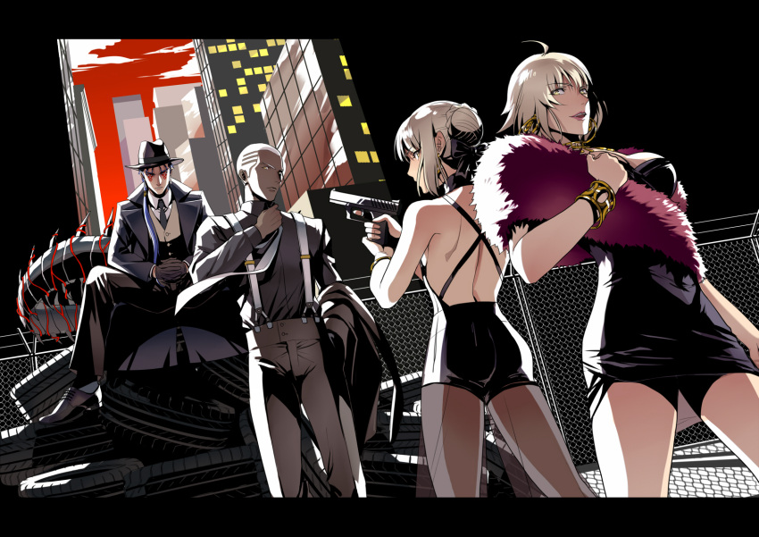 2boys 2girls ahoge artoria_pendragon_(fate) black_coat black_dress black_gloves blonde_hair blue_hair bracelet breasts building city coat commentary_request cu_chulainn_(fate) cu_chulainn_alter_(fate) dark-skinned_male dark_skin dress earrings eilinna emiya_alter facial_mark fate/grand_order fate_(series) fedora fence formal fur_scarf gloves grey_hair gun hair_bun hair_over_shoulder handgun hat highres holding holding_clothes holding_jacket hoop_earrings interlocked_fingers jacket jeanne_d'arc_alter_(avenger)_(fate) jeanne_d'arc_alter_(fate) jewelry letterboxed light_brown_hair long_hair medium_breasts multiple_boys multiple_girls necktie open_mouth own_hands_together pantyhose ponytail red_eyes saber_alter serious short_dress short_hair single_hair_bun sitting skyscraper smile spiked_tail suit suspenders tail tire very_short_hair vest weapon white_hair yellow_eyes