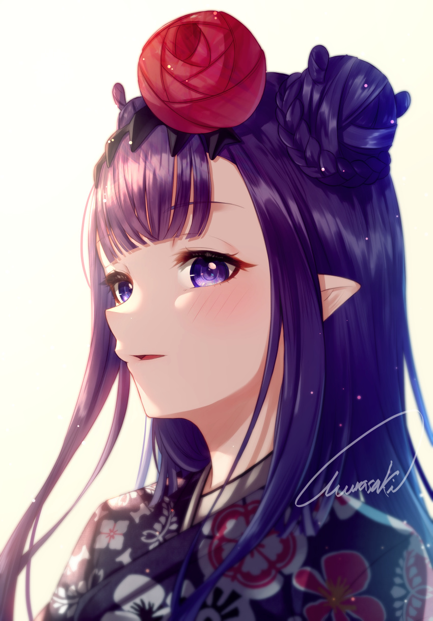 absurdres black_hair blue_eyes blunt_bangs blush braid braided_bun double_bun female flower hair_bun hair_flower hair_ornament headpiece highres hololive hololive_english japanese_clothes kimono long_hair looking_at_viewer ninomae_ina'nis ninomae_ina'nis_(new_year) official_alternate_costume official_alternate_hairstyle pointy_ears portrait purple_(jobseeking) sidelocks solo virtual_youtuber