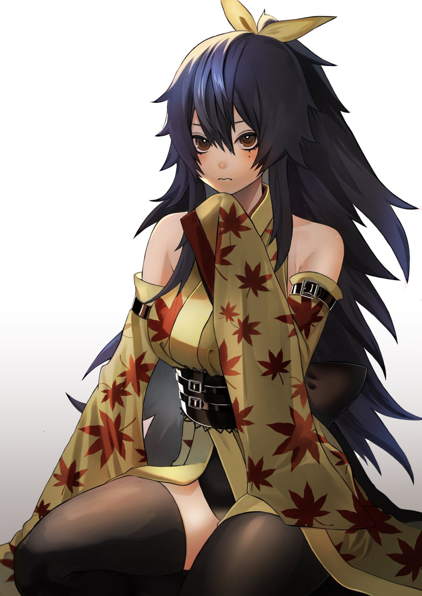 bare_shoulders black_hair black_thighhighs closed_mouth commentary eden's_zero female full_body hair_ribbon highres homura_kogetsu leaf_print long_hair looking_at_viewer maple_leaf_print mole mole_under_eye or_om7 red_eyes ribbon seiza simple_background sitting solo thighhighs white_background wide_sleeves yellow_ribbon