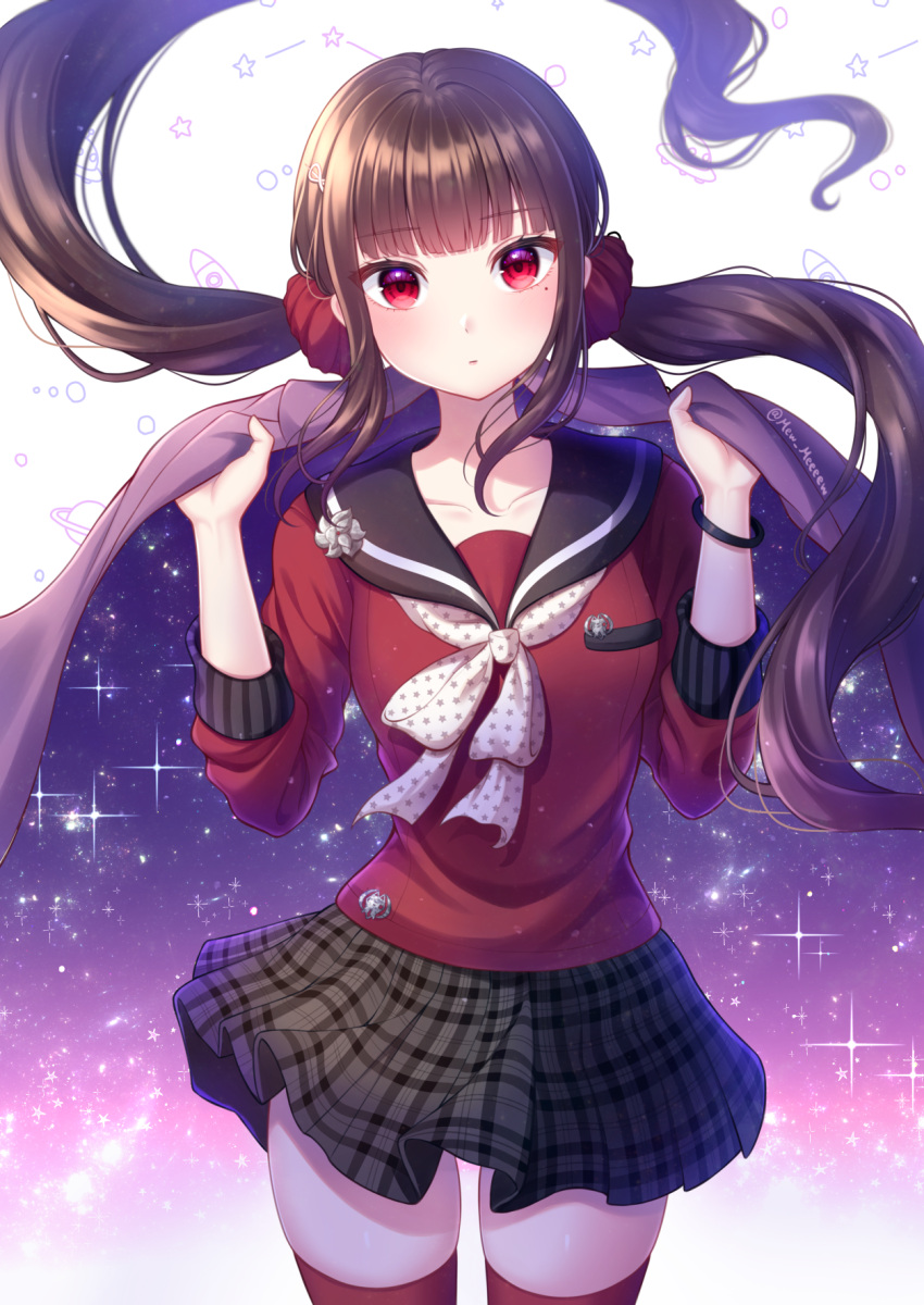 artist_name bangs banned_artist blunt_bangs breasts brown_hair collarbone commentary_request danganronpa_(series) danganronpa_v3:_killing_harmony eyebrows_visible_through_hair female floating_hair hair_ornament harukawa_maki highres holding long_hair looking_at_viewer low_twintails medium_breasts mole mole_under_eye nabekokoa pleated_skirt red_eyes red_legwear red_scrunchie red_shirt school_uniform scrunchie serafuku shirt skirt solo star_(symbol) star_print starry_background thighhighs twintails very_long_hair zettai_ryouiki