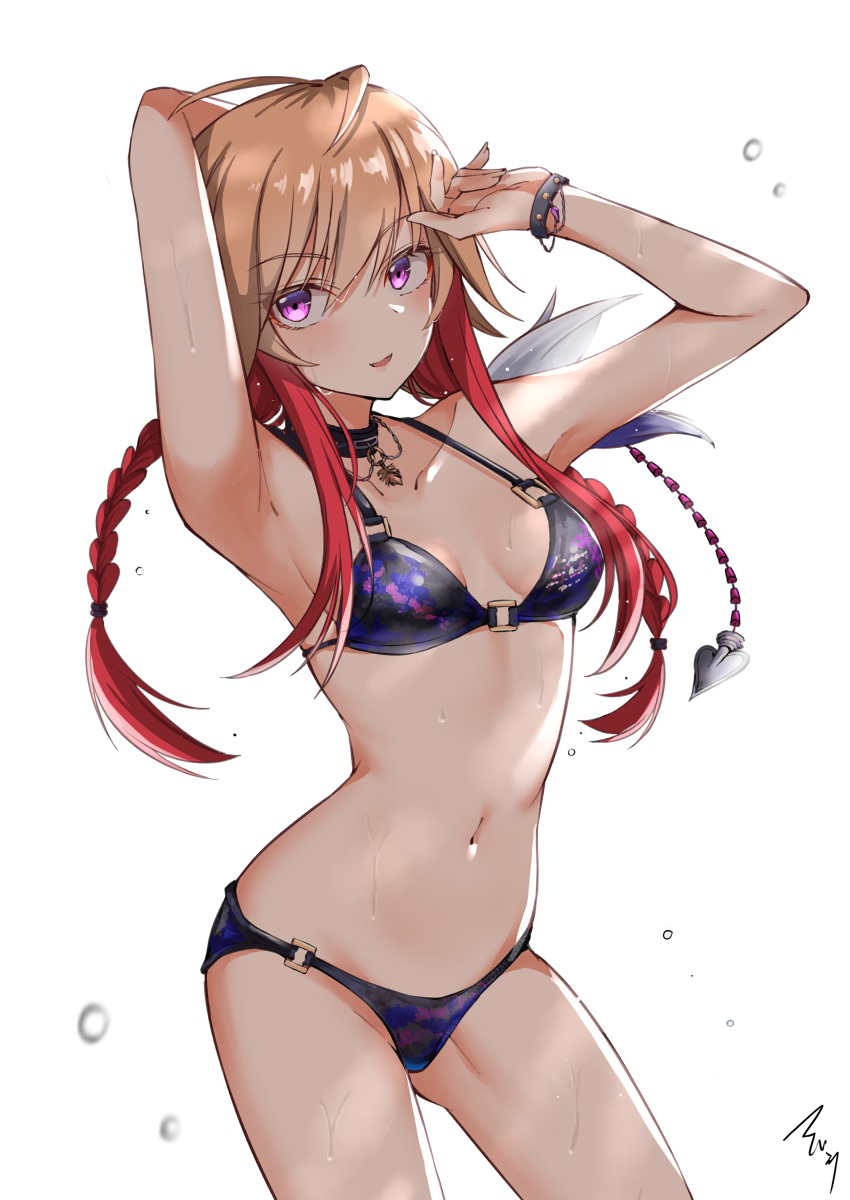 absurdres arm_behind_head armpits bikini blush braid breasts brown_hair commentary_request female highres idolmaster idolmaster_cinderella_girls looking_at_viewer mabanna midriff multicolored_hair navel ninomiya_asuka purple_bikini purple_eyes red_hair small_breasts solo swimsuit twin_braids two-tone_hair white_background