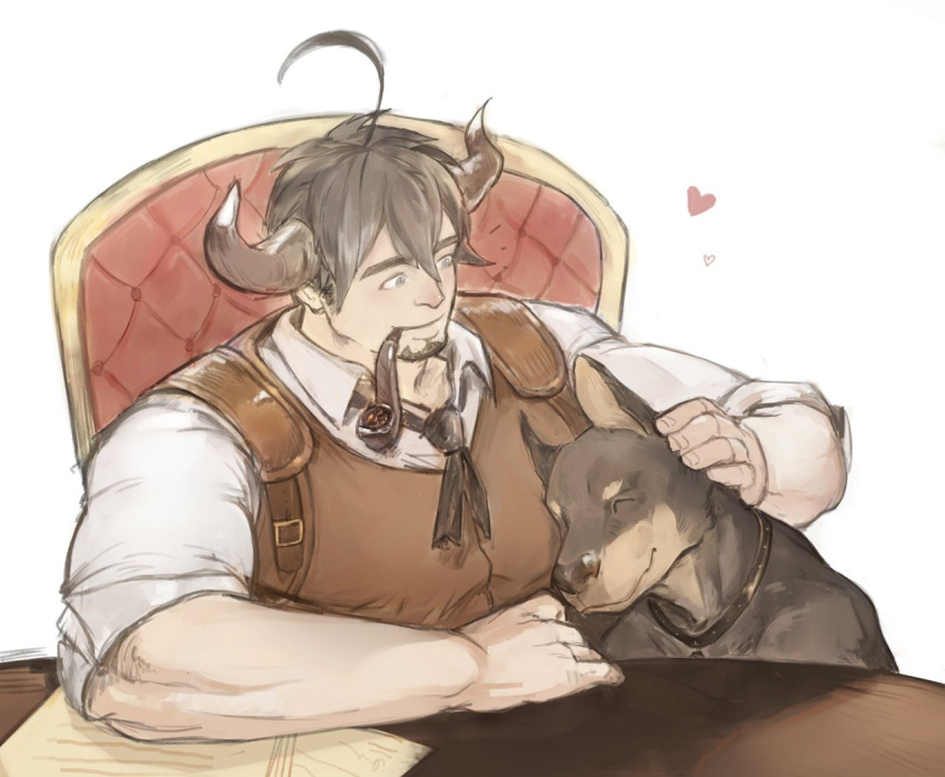 1boy arbbun bara barawa canine collared_shirt commentary dog_request draph facial_hair goatee granblue_fantasy heart horns large_pectorals male_focus mature_male muscular muscular_male pectoral_press pectorals petting pipe_in_mouth shirt short_hair sitting sleeves_rolled_up smile smoking_pipe solo symbol-only_commentary upper_body