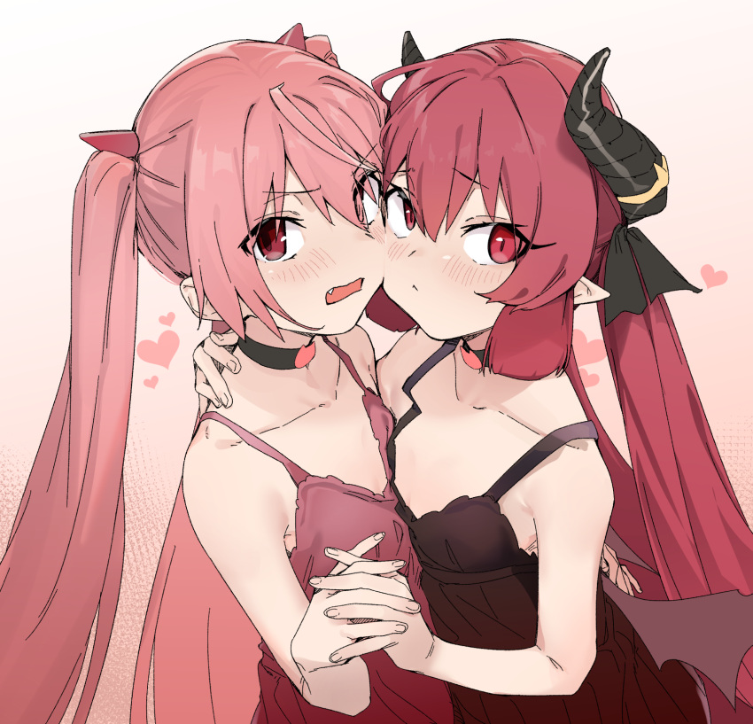 2girls :< bare_arms bare_shoulders black_dress blue_archive blush brown_background brown_wings closed_mouth collarbone commentary_request crossover curled_horns dress eyes_visible_through_hair gradient_background hair_between_eyes heart hidan_no_aria highres holding_hands horn_hair_ornament horns interlocked_fingers junko_(blue_archive) kanzaki_h._aria long_hair looking_at_viewer low_wings md5_mismatch multiple_girls oerba_yun_fang open_mouth pink_hair pointy_ears red_dress red_eyes red_hair sleeveless sleeveless_dress twintails uno_ryoku very_long_hair white_background wings