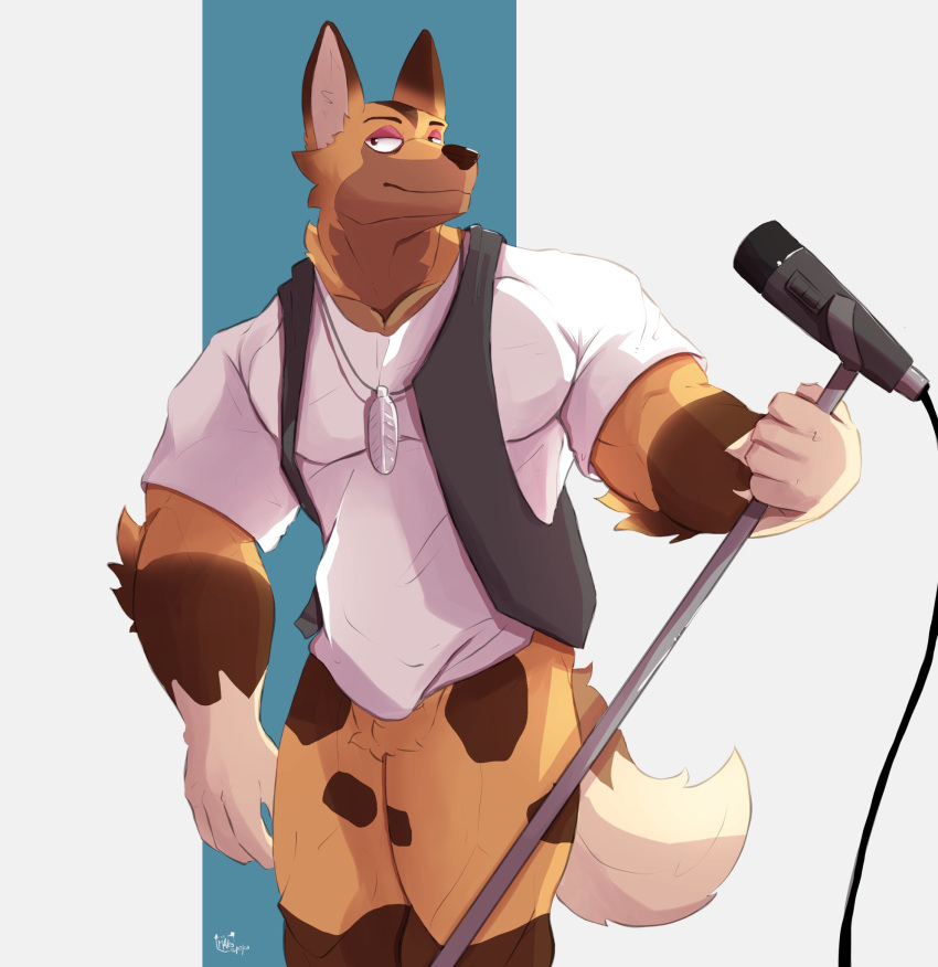 2020 animal_crossing anthro canid canine canis clothed clothing dog_tags electronics hi_res kyle_(animal_crossing) makowolf1 male mammal microphone muscular muscular_anthro muscular_male nintendo open_clothing open_topwear open_vest shirt simple_background solo standing topwear vest wolf