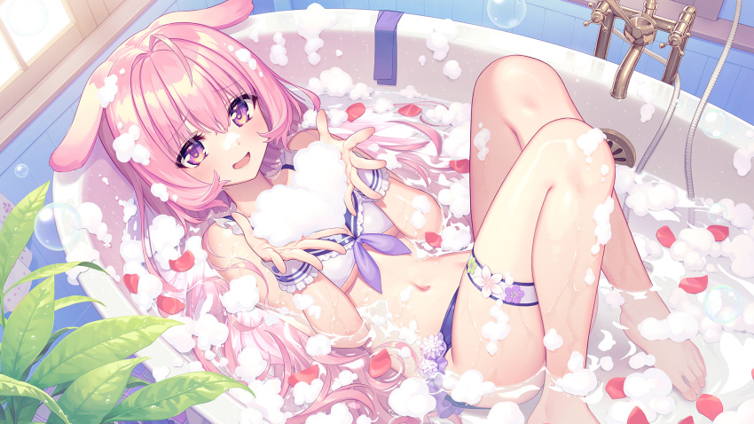 :d ahoge animal_ears barefoot bath bathing bathroom bathtub bikini blue_bikini blue_sailor_collar blurry blush bra breasts bubble commentary day depth_of_field dog_ears dutch_angle embarrassed feet female floral_print frilled_bikini frills from_above front-tie_bikini_top front-tie_top full_body hair_between_eyes hands_up heart heart_bubbles highres indie_virtual_youtuber indoors kaito_(k4itoh) knees_up leaf legs long_hair looking_at_viewer lying medium_breasts navel parted_lips partially_submerged petals pink_hair plant purple_eyes raised_eyebrows sailor_bikini sailor_collar smile soap_bubbles solo sunlight swimsuit symbol-only_commentary thigh_strap tile_wall tiles toes tomomo_mimiko underboob underwear very_long_hair virtual_youtuber water white_bikini window wrist_cuffs