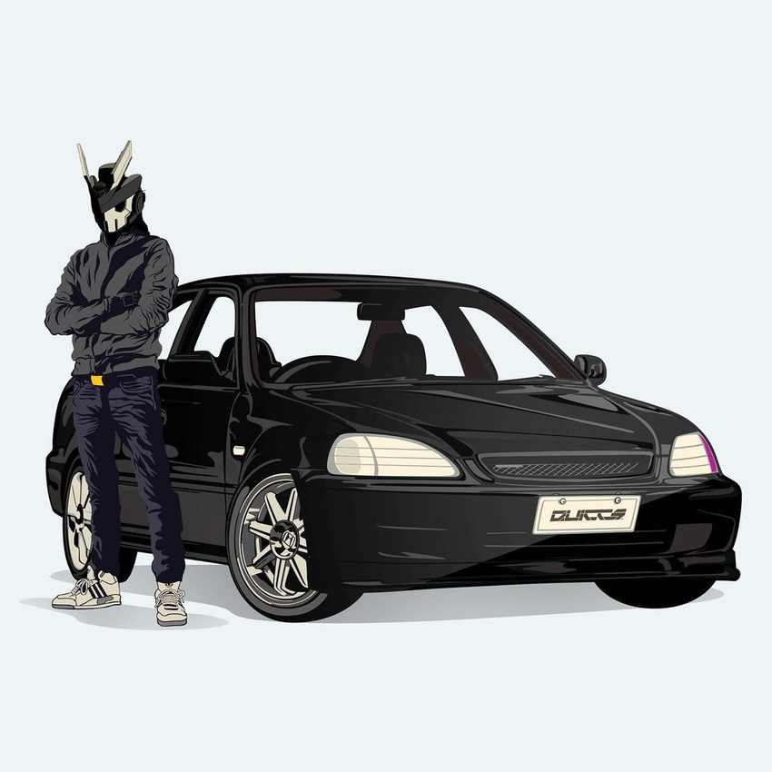 1boy adidas black_eyes blue_background car clothed_robot crossed_arms denim english_commentary grey_jacket honda honda_civic humanoid_robot jacket jeans male_focus motor_vehicle original pants quiccs robot science_fiction shoes sneakers standing teq63 v-fin vehicle_focus