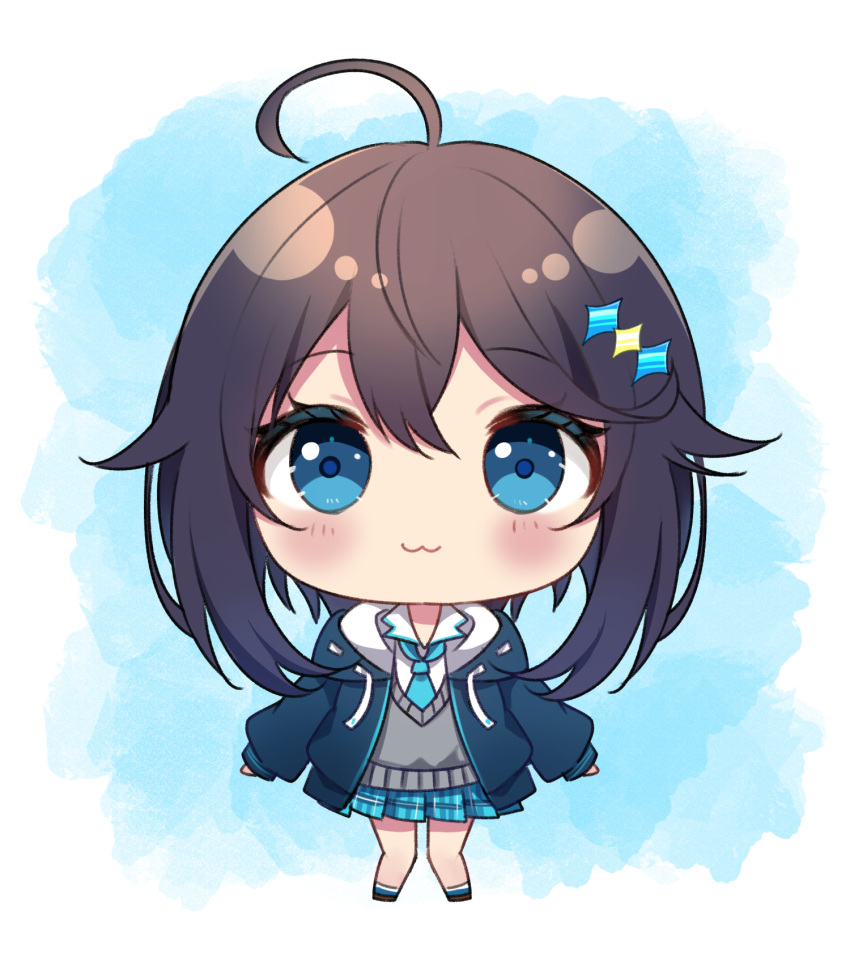 :3 ahoge bad_id bad_pixiv_id black_hair blue_eyes blue_jacket blue_necktie blue_skirt blush chibi closed_mouth collared_shirt commentary_request drawstring female flower full_body hair_between_eyes hair_flower hair_ornament highres hood hood_down hooded_jacket jacket long_sleeves looking_at_viewer minami_saki necktie nijisanji open_clothes open_jacket plaid plaid_skirt pleated_skirt puffy_long_sleeves puffy_sleeves ribbon-trimmed_hood ribbon_trim school_uniform shirt skirt sleeves_past_wrists solo sorahoshi_kirame sorahoshi_kirame_(1st_costume) sweater_vest virtual_youtuber white_shirt