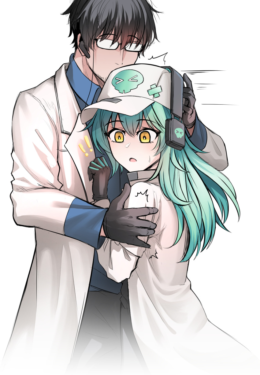 ! !! 1boy antonina_(neural_cloud) aqua_hair baseball_cap black_gloves black_hair blue_shirt collared_shirt commentary cowboy_shot earpiece english_commentary female girls'_frontline girls'_frontline_neural_cloud glasses gloves grabbing_another's_arm hand_on_another's_head hat headphones highres lab_coat long_hair male_professor_(neural_cloud) open_mouth professor_(neural_cloud) pulling senpaihawkkun shirt short_hair simple_background size_difference skull_print straight surprised sweatdrop white_background white_headwear yellow_eyes