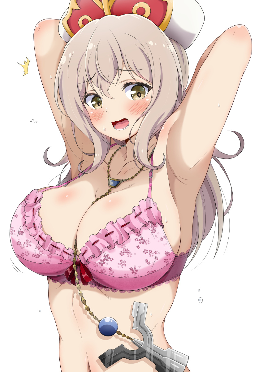 absurdres armpits arms_behind_head arms_up blush bouncing_breasts bow bow_bra bra breasts commentary dot_nose eggman_(pixiv28975023) embarrassed female floral_print flying_sweatdrops furrowed_brow grey_hair hat highres huge_breasts isekai_maou_to_shoukan_shoujo_no_dorei_majutsu long_hair looking_at_viewer lower_teeth_only lumachina_weselia motion_lines navel open_mouth pink_bra raised_eyebrows red_ribbon ribbon simple_background strap_gap teeth underwear underwear_only wavy_mouth white_background