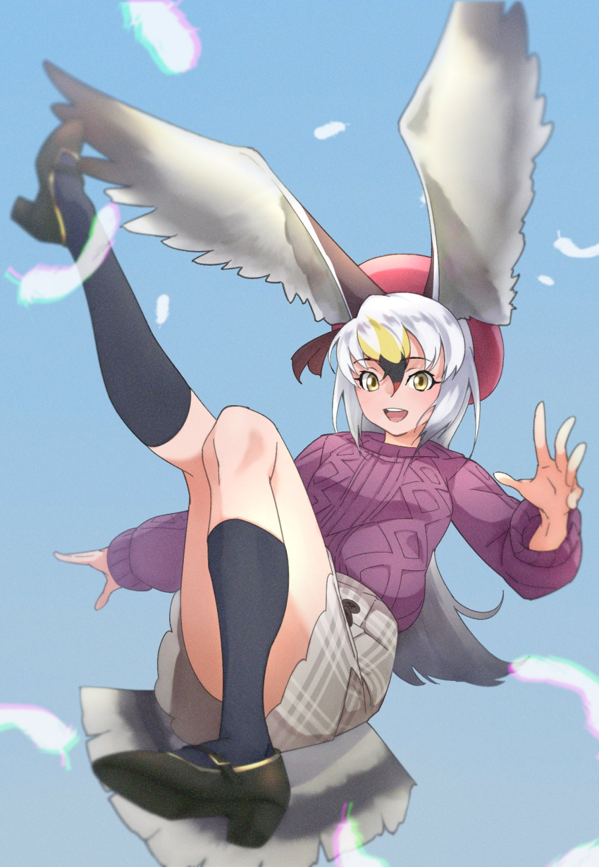 :d alternate_costume beret bird_tail bird_wings black-tailed_gull_(kemono_friends) black_footwear black_socks commentary feathers female floating full_body gradient_hair grey_hair hair_between_eyes hat head_wings highres kemono_friends leg_up long_sleeves looking_at_viewer multicolored_hair purple_sweater red_hat shoes skirt smile socks solo sweater tail tanabe_(fueisei) white_hair wings yellow_eyes