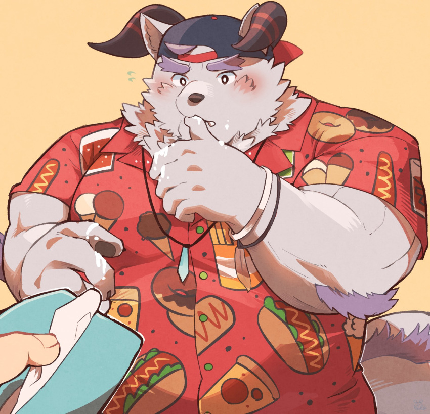 1boy animal_ears backwards_hat bara baseball_cap behemoth_(housamo) blush burger collared_shirt curled_horns doughnut_print food food_on_face food_on_hand food_print grey_fur hat highres horns hot_dog ice_cream_print jewelry licking licking_finger looking_at_viewer male_focus muscular muscular_male napkin neck_fur orange_background pawpads pendant pizza pizza_print pizza_slice pov pov_hands red_shirt sawch_cls shirt short_sleeves simple_background solo thick_eyebrows tokyo_afterschool_summoners upper_body