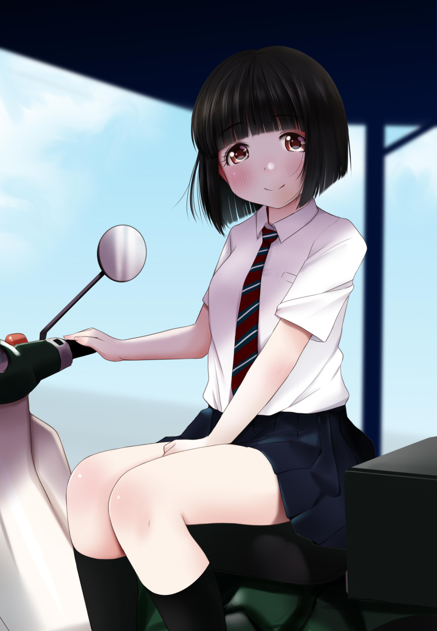 absurdres black_hair black_skirt black_socks blurry blurry_background blush bob_cut brown_eyes closed_mouth collared_shirt day depth_of_field diagonal-striped_clothes diagonal-striped_necktie feet_out_of_frame female highres honda_super_cub koguma_(super_cub) kozue_akari looking_at_viewer motor_vehicle motorcycle necktie pleated_skirt school_uniform shirt short_hair sitting skirt smile socks solo striped_clothes striped_necktie super_cub white_shirt