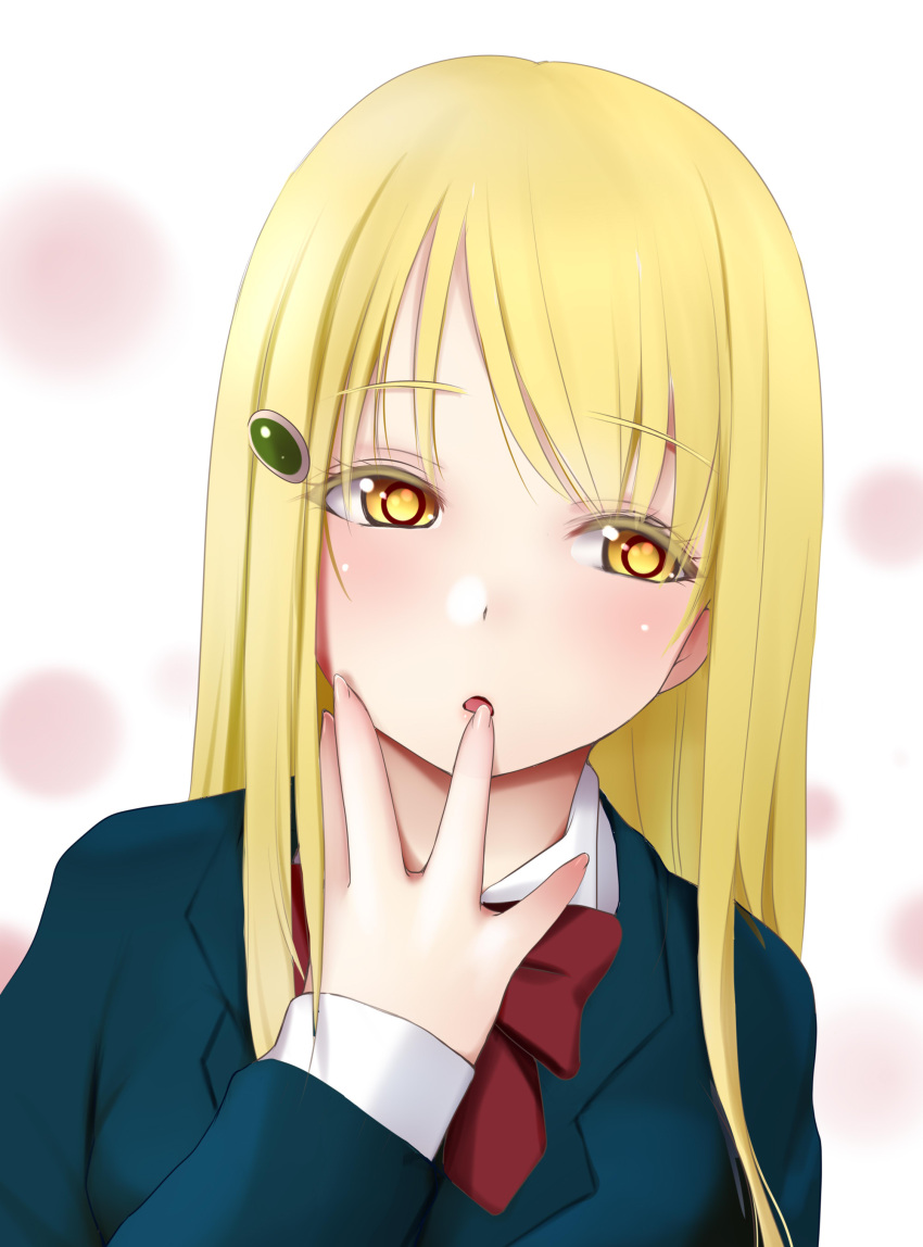 :o absurdres blonde_hair blue_jacket blush bow bowtie female finger_to_mouth hair_ornament hairclip head_tilt hidaka_koharu high_score_girl highres jacket kozue_akari long_hair long_sleeves looking_to_the_side parted_lips pink_background red_bow red_bowtie school_uniform solo upper_body yellow_eyes