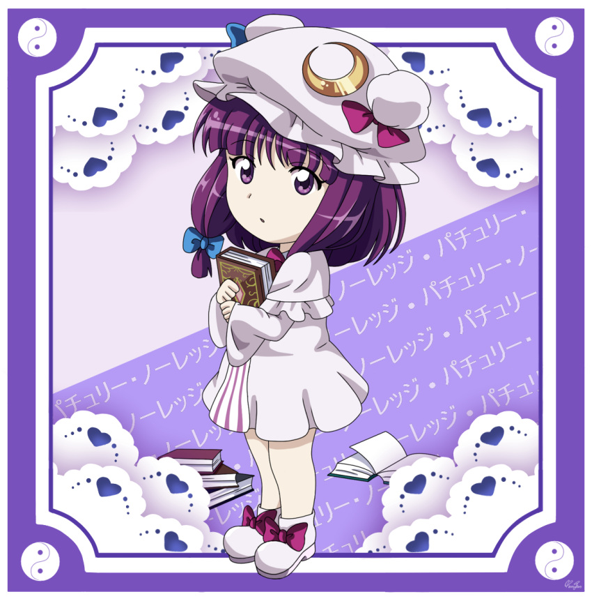 alternate_hairstyle anime_coloring bad_id bad_pixiv_id blue_bow book bow cape character_name chibi crescent crescent_hat_ornament double_bun dress female from_side full_body hair_between_eyes hair_bun hairbow hands_up hat hat_bow hat_ornament heart long_sleeves looking_at_viewer lunamoon_(style) mob_cap open_mouth patchouli_knowledge pink_bow purple_background purple_dress purple_eyes purple_hair remyfive short_hair slippers solo standing striped_clothes striped_dress touhou white_cape white_dress white_footwear white_hat wide_sleeves