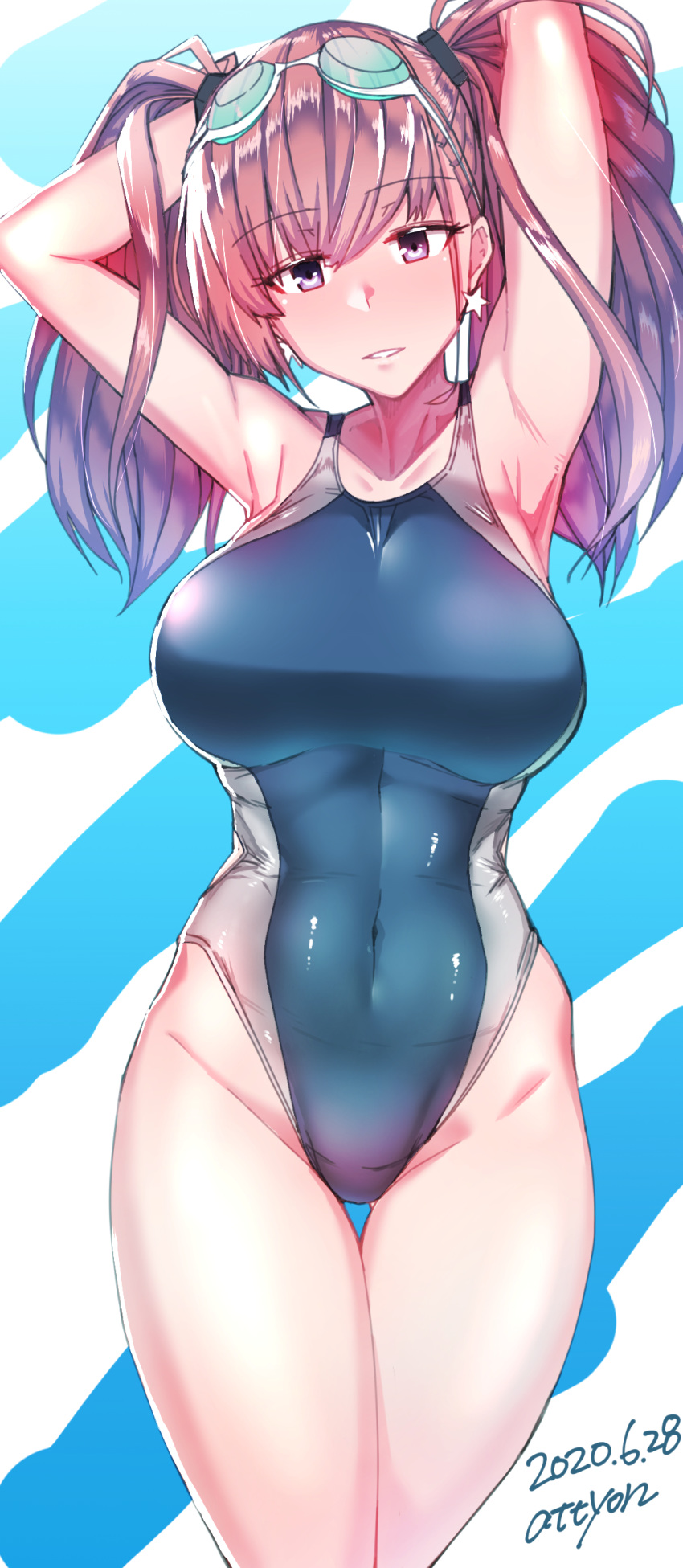 absurdres armpits arms_behind_head arms_up atlanta_(kancolle) attyon blue_one-piece_swimsuit breasts brown_hair commentary_request competition_swimsuit cowboy_shot dated female goggles goggles_on_head grey_eyes highres kantai_collection large_breasts long_hair looking_at_viewer one-piece_swimsuit solo swimsuit twitter_username two-tone_background two_side_up