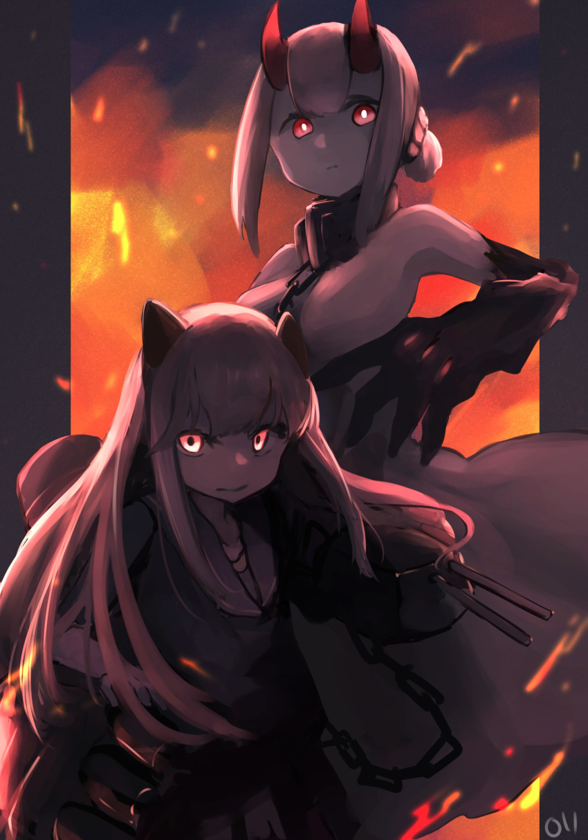 2girls absurdres abyssal_chishima_princess abyssal_ship black_sailor_collar black_serafuku black_skirt chains colored_skin commentary glowing glowing_eyes highres horns kantai_collection long_hair lycoris_fubuki ma_rukan machinery multiple_girls orange_eyes pleated_skirt red_eyes sailor_collar school_uniform serafuku signature skirt smokestack turret white_hair white_skin