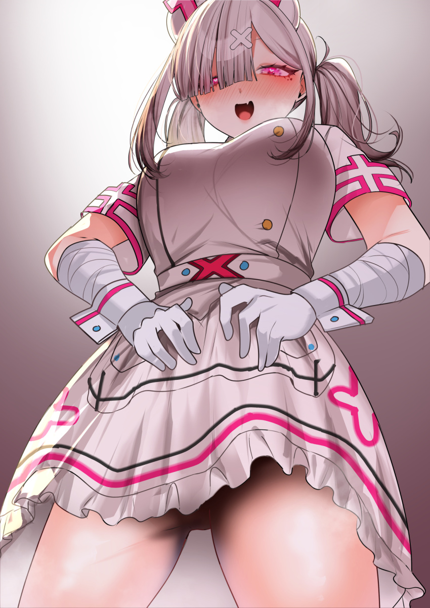 bandaged_arm bandages blush breasts dress female from_below gloves gomo grey_hair hair_ornament hair_over_one_eye hat highres large_breasts long_hair looking_at_viewer looking_down nijisanji nurse nurse_cap open_mouth pink_eyes simple_background solo standing sukoya_kana sukoya_kana_(1st_costume) tongue twintails upskirt virtual_youtuber white_gloves white_wrist_cuffs wrist_cuffs x_hair_ornament