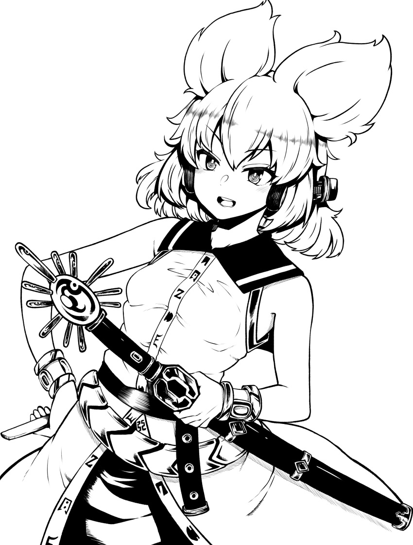 absurdres bad_id bad_twitter_id bare_arms belt bracelet breasts cowboy_shot earmuffs female greyscale hair_between_eyes highres himajin_noizu inactive_account jewelry monochrome pointy_hair small_breasts solo standing touhou toyosatomimi_no_miko