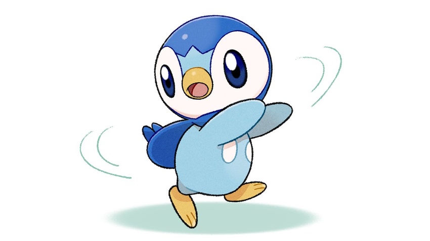 blue_eyes commentary_request full_body looking_back no_humans official_art open_mouth piplup pokemon pokemon_(creature) project_pochama solo toes tongue white_background