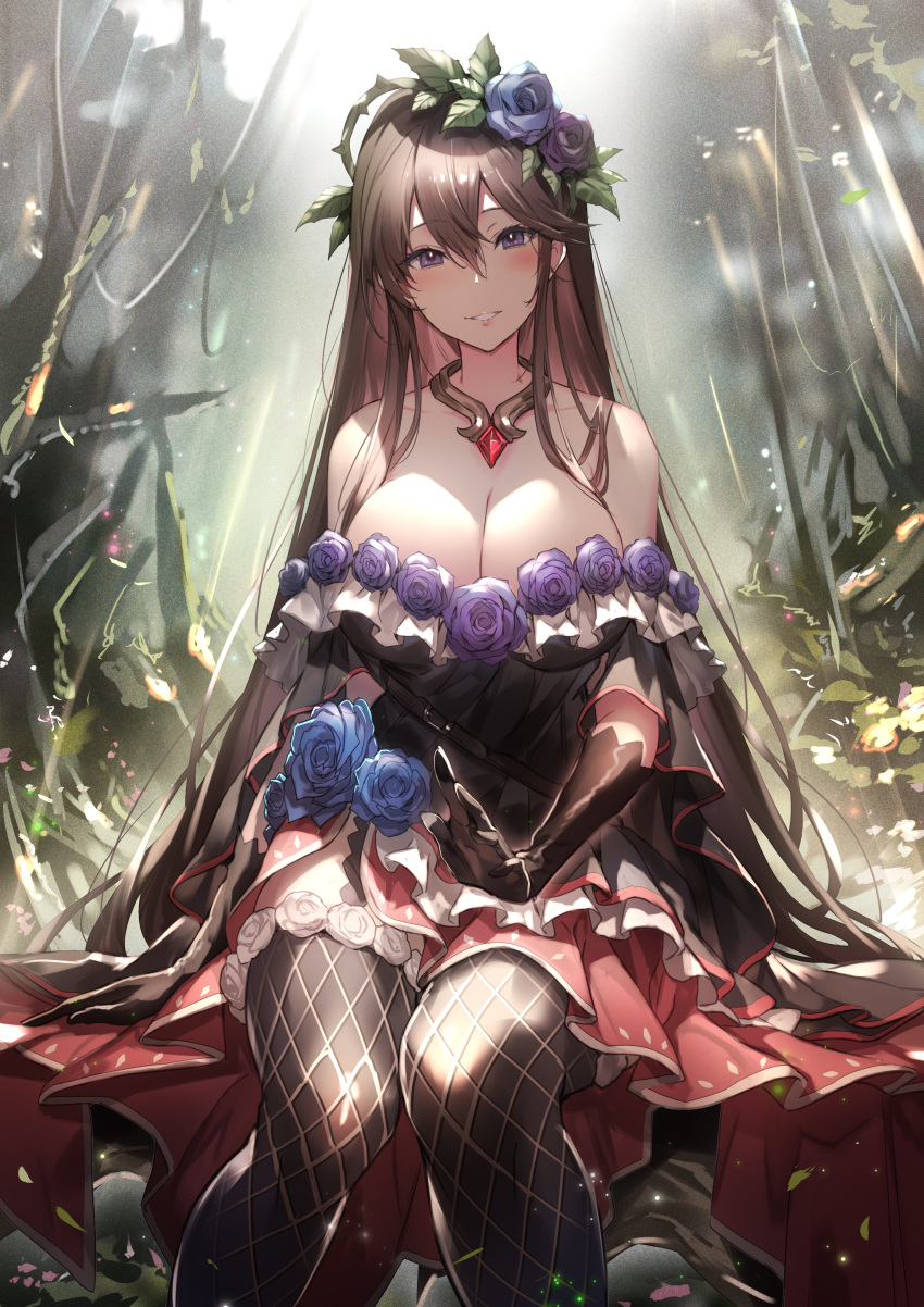 absurdres bare_shoulders black_dress black_thighhighs blush breasts brown_hair cleavage collarbone dress elbow_gloves female fishnet_thighhighs fishnets flower gloves granblue_fantasy hair_between_eyes hair_flower hair_ornament highres jewelry kakage large_breasts long_hair looking_at_viewer neck_ring plant purple_eyes purple_flower purple_rose red_skirt rose rosetta_(granblue_fantasy) skirt smile solo sunlight thighhighs thighs thorns very_long_hair vines