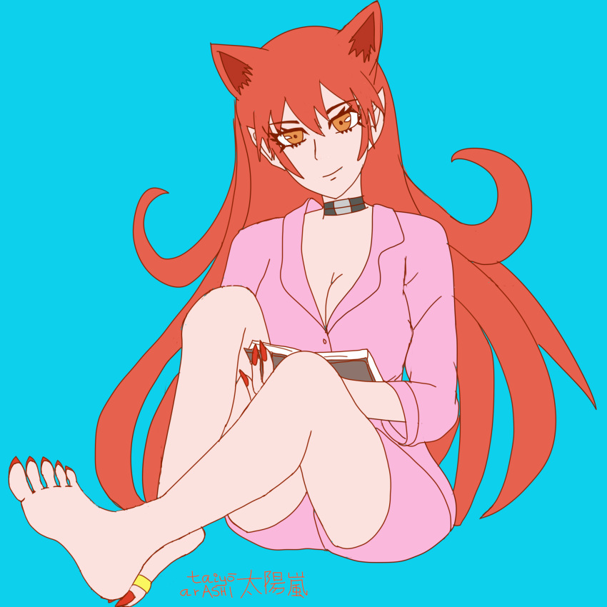 animal_ears azazel_ameri barefoot book breasts cat_ears cleavage commentary feet female highres holding holding_book large_breasts long_hair looking_at_viewer mairimashita!_iruma-kun nail_polish orange_eyes pajamas pink_pajamas red_hair red_nails self-upload smile solo taiyouarashi toenail_polish toenails