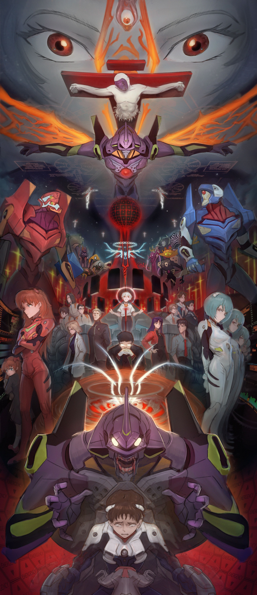 6+boys 6+girls absurdres aida_kensuke akagi_ritsuko albino angel_(evangelion) aoba_shigeru arael armisael_(evangelion) ayanami_rei bardiel_(evangelion) bident blonde_hair blue_eyes blue_hair bodysuit brown_hair clone colored_skin commentary cross crucifixion energy energy_wings english_commentary eva_00 eva_01 eva_02 eva_03 evangelion_(mecha) everyone extra_eyes floating fuyutsuki_kouzou gaghiel_(evangelion) gendou_pose glasses glowing glowing_eyes glowing_wings green_eyes halo headgear highres horaki_hikari horns hyuuga_makoto ibuki_maya ikari_gendou ikari_shinji interface_headset iruel israfel_(evangelion) kaji_ryouji katsuragi_misato lance_of_longinus_(evangelion) leliel_(evangelion) lilith_(ayanami_rei) lilith_(evangelion) looking_at_viewer looking_down looking_to_the_side looking_up mass_production_eva matariel mecha multicolored_bodysuit multicolored_clothes multiple_boys multiple_girls multiple_persona multiple_wings nagisa_kaworu neon_genesis_evangelion one-eyed opaque_glasses open_hands open_mouth orange_hair orange_wings own_hands_clasped own_hands_together pilot_suit plugsuit polearm ramiel_(evangelion) red_bodysuit red_eyes robot sachiel_(evangelion) sahaquiel_(evangelion) sandalphon_(evangelion) school_uniform science_fiction sefirot shamshel_(evangelion) short_hair single_horn souryuu_asuka_langley spear suzuhara_touji teeth the_end_of_evangelion third_eye weapon white_bodysuit white_eyes white_skin white_wings wings zeruel_(evangelion) zhjake