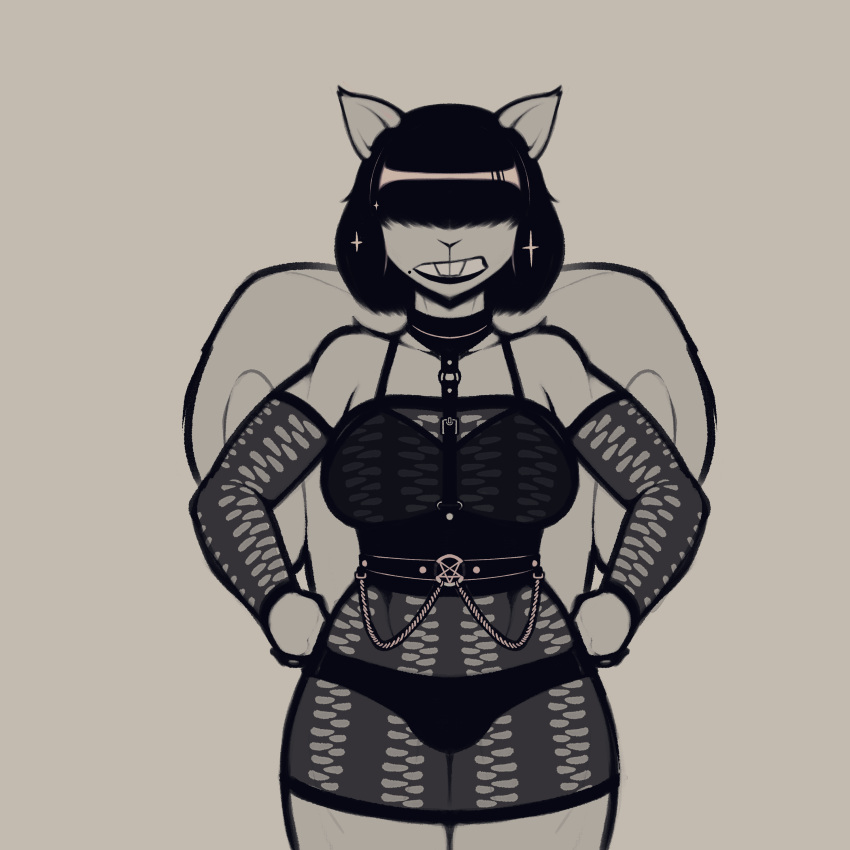 1:1 absurd_res alternative_fashion anthro athletic athletic_female big_breasts black_hair breasts buckteeth clothed clothing corset digital_media_(artwork) dolores_(freepancakes) female freepancakes fur goth hair hair_over_eye hi_res lingerie mammal mesh_top occult_symbol one_eye_obstructed pentagram rodent sciurid simple_background solo sparkles symbol teeth topwear tree_squirrel