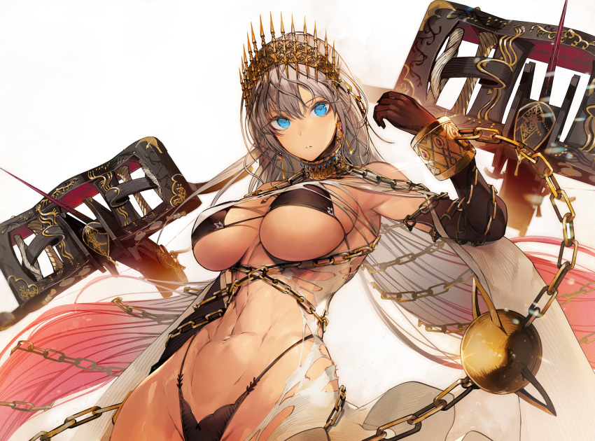 abs ballista bare_shoulders bikini black_bikini black_gloves blue_eyes breasts chains cleavage commentary_request crossbow crown cuffs dark-skinned_female dark_skin elbow_gloves fate/grand_order fate_(series) female gloves grey_hair highres jewelry large_breasts long_hair looking_at_viewer navel neck_ring nishiide_kengorou revealing_clothes solo swimsuit toned weapon zenobia_(fate)