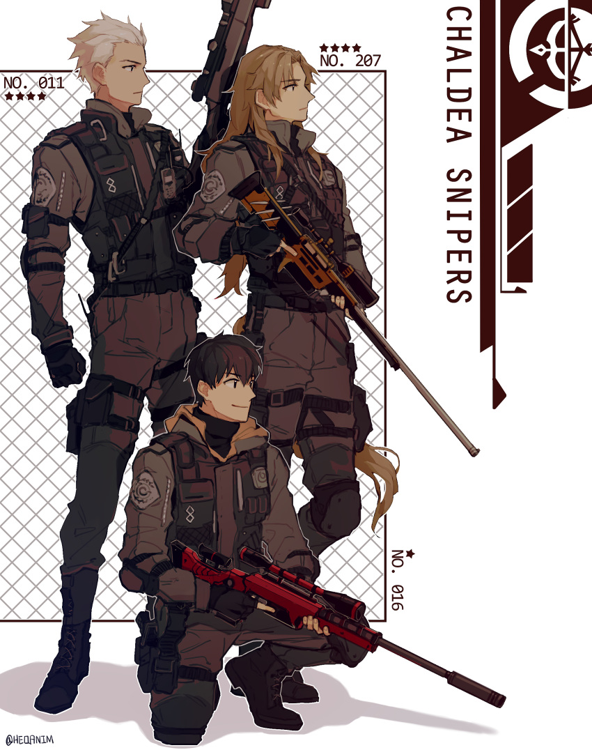 3boys absurdres alternate_costume arash_(fate) archer_(fate) belt black_hair bolt_action boots brown_eyes brown_hair chiron_(fate) commentary_request dark-skinned_male dark_skin english_text fate/apocrypha fate/grand_order fate/prototype fate/prototype:_fragments_of_blue_and_silver fate/stay_night fate_(series) full_body gloves gun heqanim highres holding holding_weapon korean_commentary long_hair long_sleeves looking_to_the_side male_focus military military_uniform multiple_boys pants rifle smile sniper_rifle squatting uniform weapon white_hair