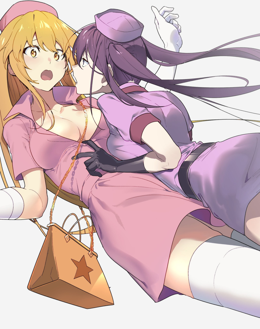 2girls :o bag belt black_gloves blonde_hair blush breasts cleavage commentary_request cowboy_shot elbow_gloves flustered gloves gradient_background grey_background hat highres kouzaku_mitori large_breasts long_hair looking_at_another multiple_girls nurse nurse_cap open_mouth partially_unbuttoned purple_eyes purple_hair shokuhou_misaki short_sleeves shoulder_bag sidelocks star_(symbol) tadano_souko thighhighs thighs toaru_kagaku_no_railgun toaru_kagaku_no_railgun_t toaru_majutsu_no_index twintails unbuttoned unbuttoned_shirt white_gloves white_thighhighs yellow_eyes yuri