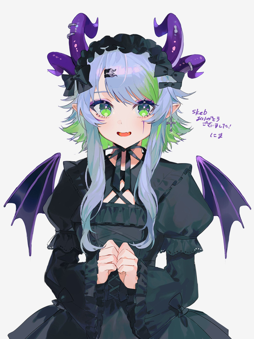 ! apricot_the_lich commission cross cross_earrings demon_girl demon_horns demon_wings earrings english_commentary female gothic_lolita green_eyes green_hair highres horns jewelry lolita_fashion looking_at_viewer nima_(nimamann) open_mouth pointy_ears second-party_source simple_background skeb_commission solo tongue virtual_youtuber vshojo white_background wings