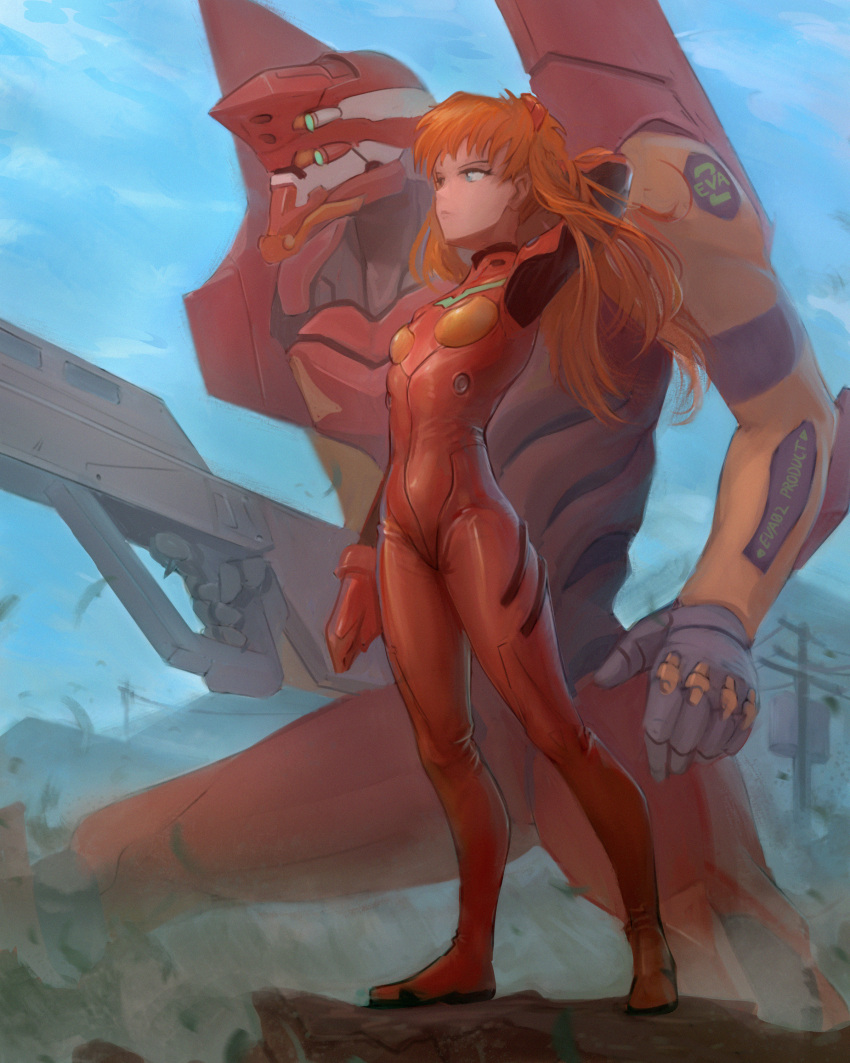 absurdres arm_behind_head blue_eyes bodysuit breasts clenched_hand commentary commission english_commentary eva_02 evangelion_(mecha) extra_eyes female floating_hair from_side full_body green_eyes gun highres holding holding_gun holding_weapon interface_headset looking_ahead mecha mecha_focus neon_genesis_evangelion open_hand orange_hair pallet_rifle_(evangelion) pilot_suit plugsuit red_bodysuit robot science_fiction small_breasts souryuu_asuka_langley standing weapon zhjake