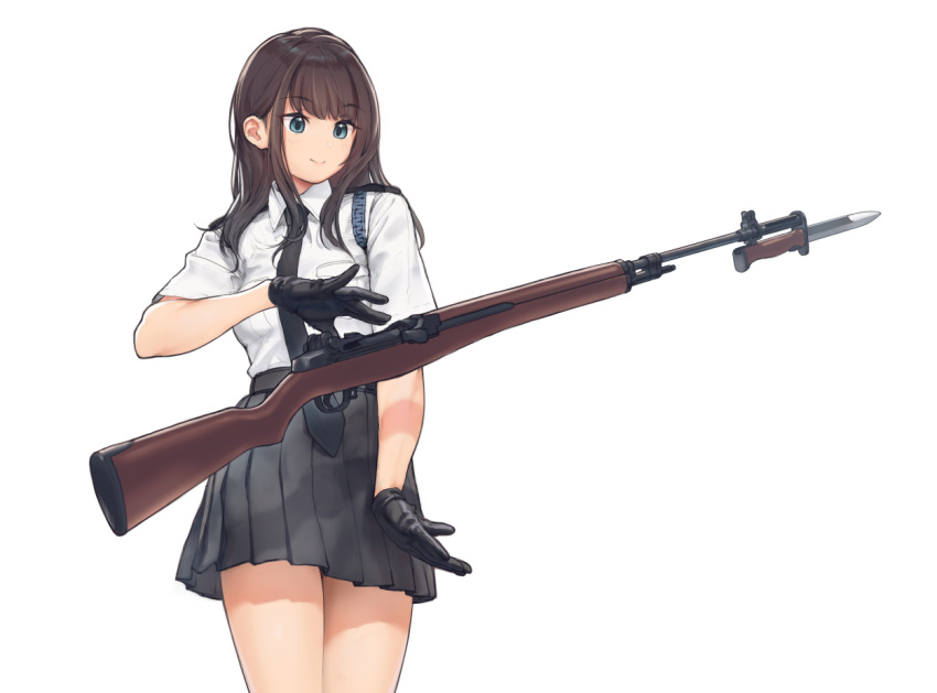 aiguillette battle_rifle bayonet black_gloves black_hair blush breasts commentary english_commentary exhibition_drill female genso gloves gun m14 m6_bayonet necktie original pleated_skirt rifle shirt_tucked_in simple_background skirt smile solo weapon white_background