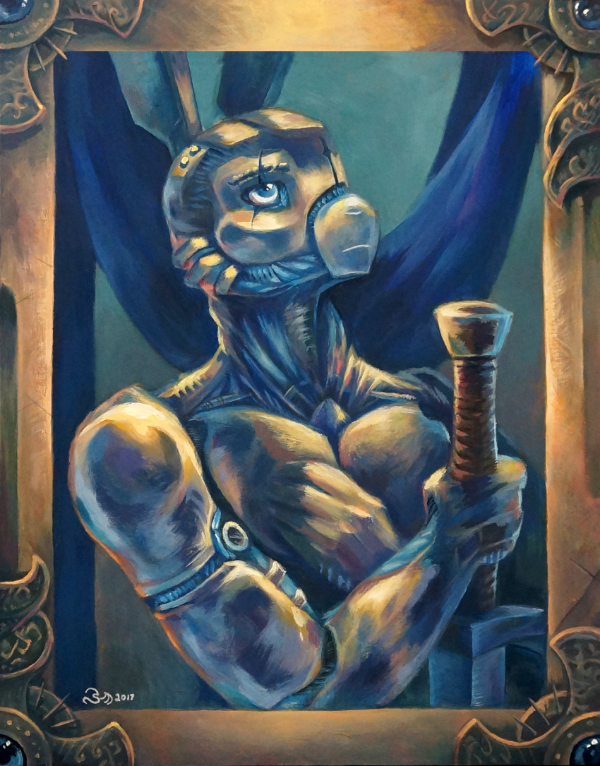 2017 android anthro armor blue_body blue_eyes bust_portrait clothed clothing crossed_arms eye_scar face_plate facial_scar hand_on_chest hi_res justice_(miwauturu) lagomorph leporid light lighting looking_up machine male mammal melee_weapon painting_(artwork) picture_frame portrait rabbit robot scar serious simple_background solo spiderdragon sword topless traditional_media_(artwork) weapon