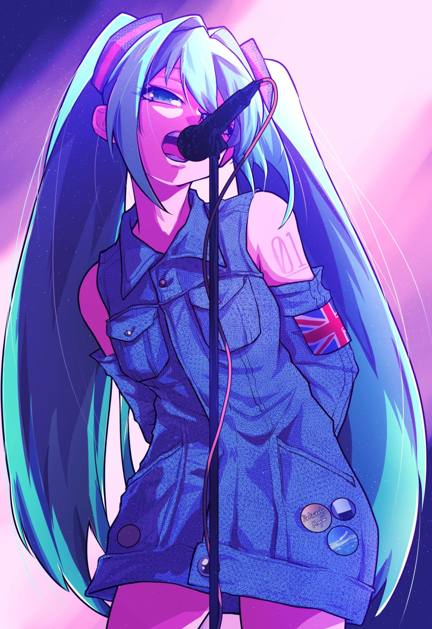 arms_behind_back bad_id bad_twitter_id badge bare_shoulders blue_hair breast_pocket breasts button_badge buttons commentary cowboy_shot denim denim_dress detached_sleeves dress english_commentary expressionless eyelashes eyes_visible_through_hair female flag hair_between_eyes half-closed_eyes hatsune_miku highres jipponwazaari light_particles long_hair looking_away microphone microphone_stand multicolored_hair music number_tattoo open_mouth pocket shoulder_tattoo singing small_breasts solo stage_lights tattoo teeth thighs twintails union_jack very_long_hair vocaloid