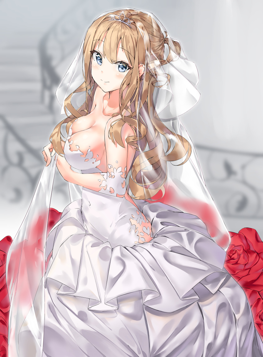 absurdres bare_shoulders blue_eyes blush breasts cleavage collarbone commentary_request dress female flower from_side girls'_frontline hair_between_eyes hair_ornament hairband highres korean_commentary kuse_(0201) large_breasts long_dress long_hair looking_at_viewer official_alternate_costume red_flower red_rose rose smile solo stairs suomi_(blissful_mission)_(girls'_frontline) suomi_(girls'_frontline) tiara wedding_dress white_dress