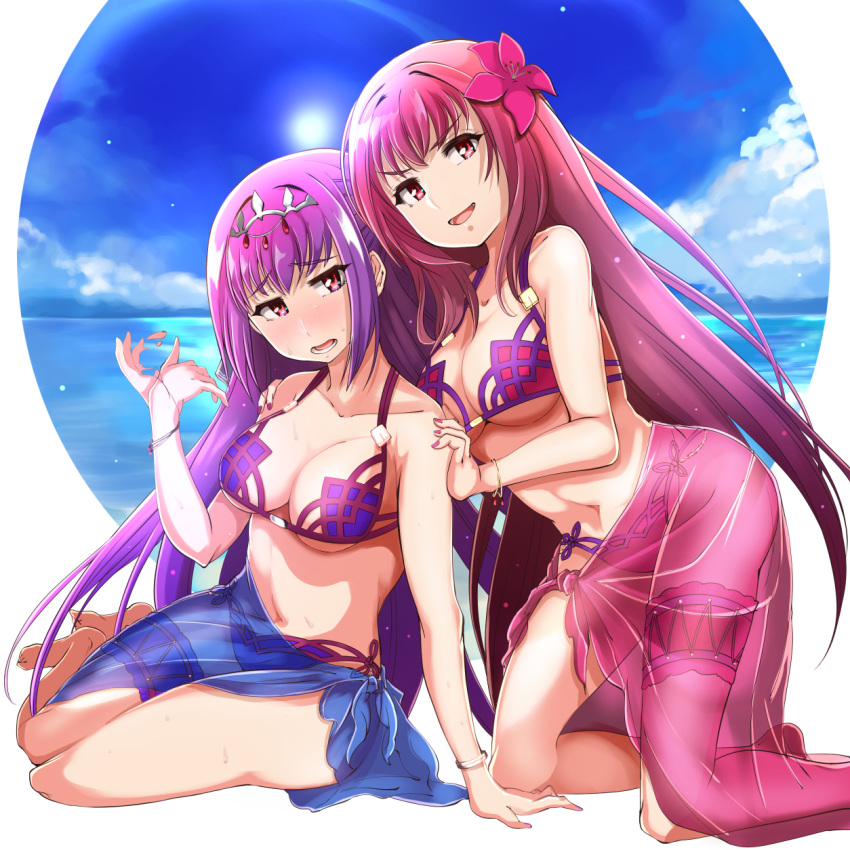 2girls alternate_costume bikini blue_sky blush bracelet breasts bridal_garter cleavage cloud cloudy_sky commentary_request cosplay fanning_self fate/grand_order fate_(series) flower hair_flower hair_intakes hair_ornament haku_(grimjin) headpiece highres jewelry kneeling large_breasts legs_together looking_at_viewer matching_outfits multiple_girls navel ocean open_mouth pink_bikini purple_bikini purple_hair purple_sarong red_eyes sarong scathach_(fate) scathach_(swimsuit_assassin)_(fate) scathach_(swimsuit_assassin)_(fate)_(cosplay) scathach_skadi_(fate) sky swimsuit tiara