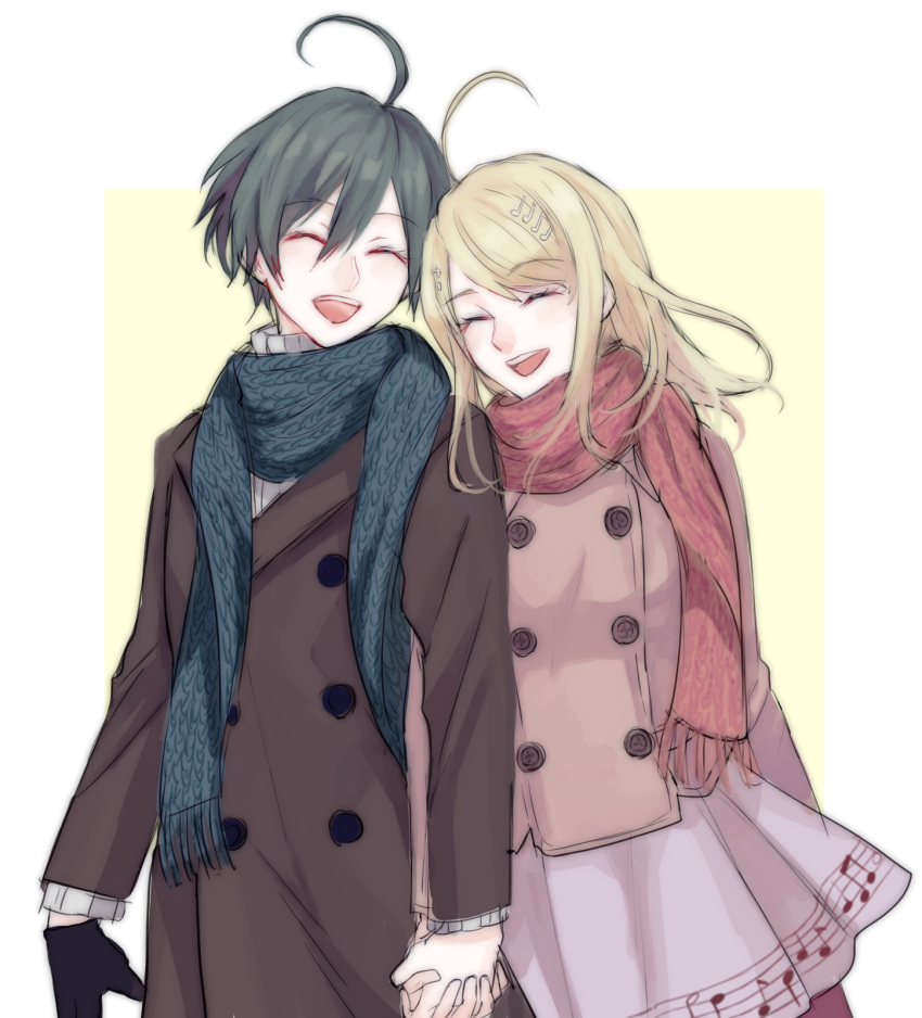 1boy :d ahoge akamatsu_kaede asymmetrical_gloves bad_id bad_pixiv_id black_gloves blonde_hair blue_scarf brown_coat closed_eyes coat commentary_request couple danganronpa_(series) danganronpa_v3:_killing_harmony female floating_hair gloves green_hair grey_skirt grey_sweater hair_between_eyes hair_ornament highres holding_hands interlocked_fingers long_hair long_sleeves miniskirt musical_note musical_note_hair_ornament musical_note_print open_mouth pink_footwear print_skirt red_scarf ribbed_sweater saihara_shuichi scarf short_hair simple_background single_glove skirt smile straight sweater swept_bangs uneven_gloves white_background xino