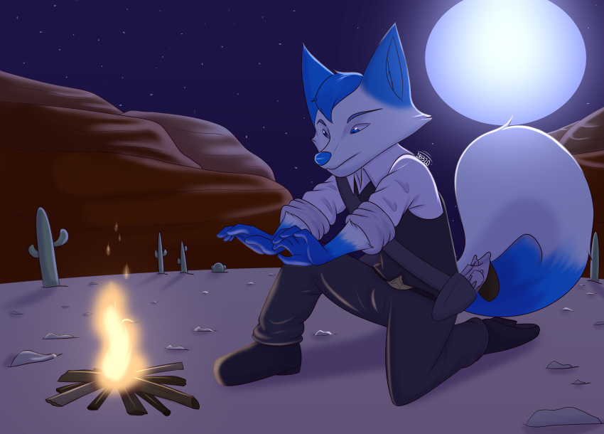 2019 absurd_res aero_(aero-foxy) anthro arctic_fox belt biped blue_body blue_eyes blue_fur blue_hair blue_nose bottomwear cactus campfire canid canine clothed clothing cowboy crouching damian5320 desert detailed_background dipstick_tail fire footwear fox full_moon fully_clothed fur fur_markings gloves_(marking) gun hair handgun hi_res holster male mammal markings moon multicolored_body multicolored_fur multicolored_tail night on_ground outside pants pistol plant ranged_weapon revolver shoes short_hair signature sky solo star starry_sky tail tail_markings topwear true_fox two_tone_body two_tone_fur vest weapon white_body white_fur