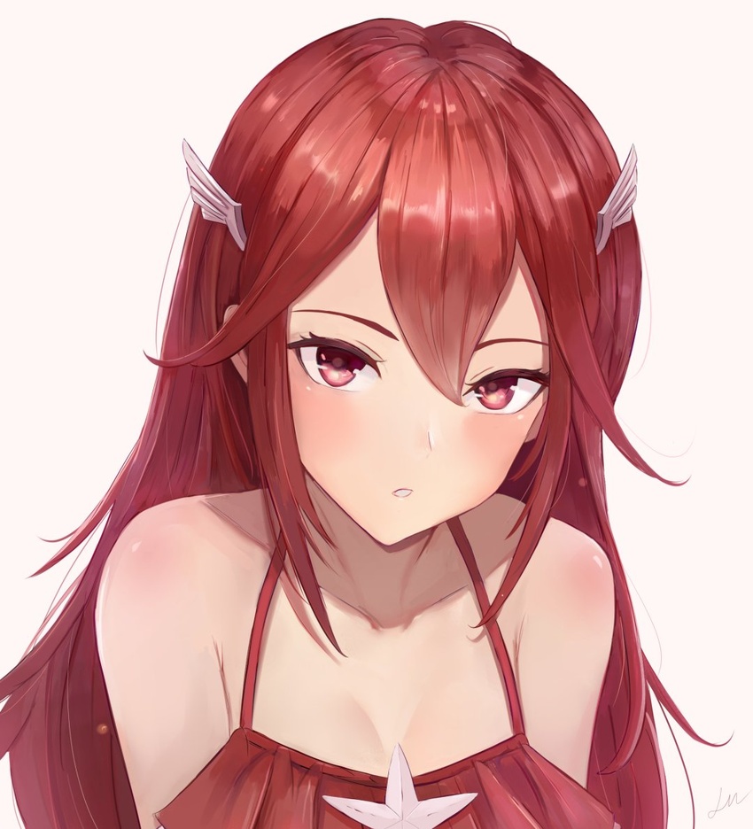 bikini blush breasts commentary cordelia_(fire_emblem) cordelia_(summer)_(fire_emblem) female fire_emblem fire_emblem_awakening fire_emblem_heroes flat_chest hair_ornament leonmandala long_hair looking_at_viewer red_eyes red_hair simple_background smile solo swimsuit very_long_hair white_background