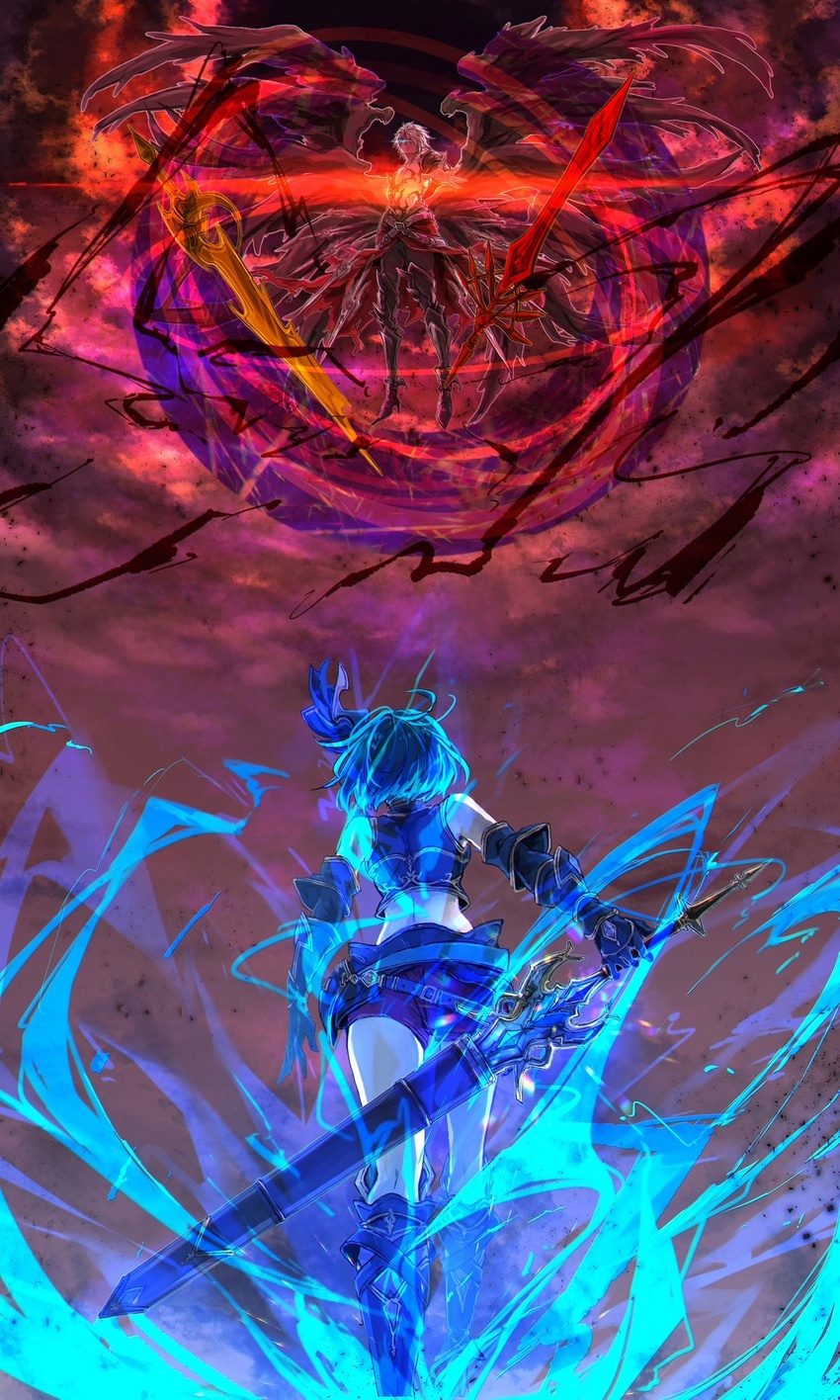 1boy armor aura bad_id bad_twitter_id bare_pectorals bare_shoulders belt black_wings blue_hair cloud djeeta_(granblue_fantasy) elbow_gloves female floating from_behind gloves glowing glowing_eye granblue_fantasy guider_to_the_eternal_edge hair_ornament hair_over_one_eye high_heels highres lucilius_(granblue_fantasy) malbatrossr outstretched_hand pauldrons pectorals shoulder_armor sword weapon white_hair wings