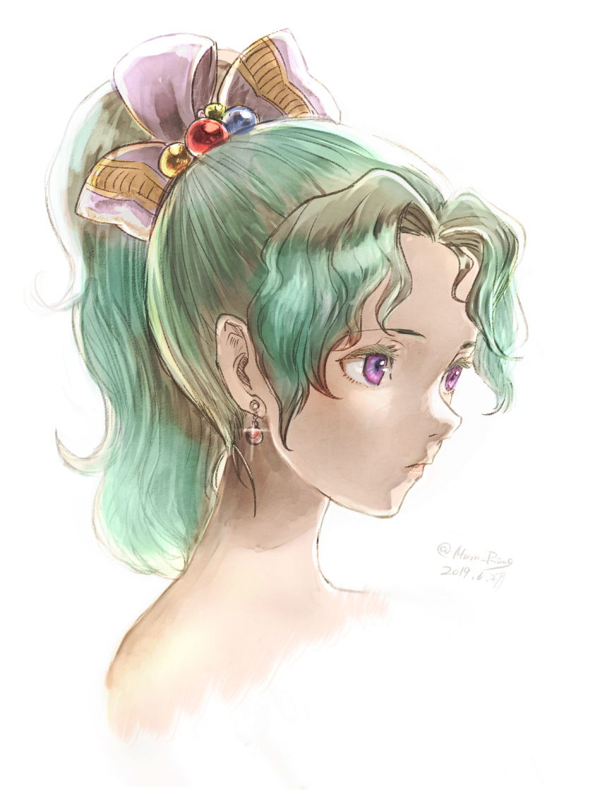 bad_id bad_pixiv_id bare_shoulders closed_mouth earrings female final_fantasy final_fantasy_vi green_hair hair_ribbon highres jewelry komugiko_no_mori medium_hair ponytail purple_eyes ribbon simple_background solo terra_branford white_background