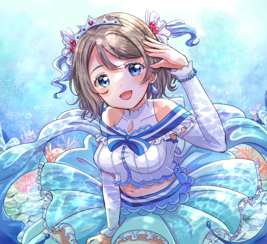 :d arm_up bead_bracelet beads blue_eyes blue_skirt blue_thighhighs blush bracelet breasts character_cutout collarbone commentary_request detached_sleeves dress earrings eneco female frilled_skirt frills grey_hair hair_between_eyes highres jewelry koi_ni_naritai_aquarium love_live! love_live!_sunshine!! medium_breasts navel open_mouth pleated_skirt salute skirt smile thighhighs underwear watanabe_you