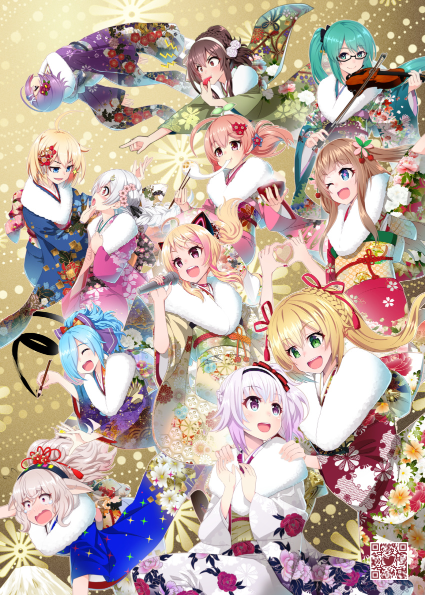 .live 6+girls :d ahoge anchor_hair_ornament animal_ears arm_up black-framed_eyewear black_hairband blonde_hair blue_eyes blue_hair blue_kimono blunt_bangs blush bow bow_(music) bowl braid brown_hair brush calligraphy_brush carro_pino cat_ears chasing cherry chewing choker chopsticks closed_eyes closed_mouth commentary_request couple crossed_bangs crying crying_with_eyes_open eating eye_contact face-to-face fake_animal_ears fleeing floating floating_hair floral_print flower flying_sweatdrops food fruit fur-trimmed_kimono fur_trim glasses grabbing_another's_chin green_eyes green_hair green_kimono grey_hair hair_between_eyes hair_flower hair_ornament hair_over_one_eye hairband hairbow hairclip hand_on_another's_chin hand_up hands_on_another's_shoulders heart heart_hands high_ponytail highres holding holding_bowl holding_chopsticks holding_instrument holding_microphone holding_violin ink instrument japanese_clothes kagura_suzu_(.live) kakyouin_chieri kimono kiso_azuki kitakami_futaba kongou_iroha light_purple_hair long_hair long_sleeves looking_at_another microphone mochi mokota_mememe multicolored_hair multiple_girls music nekonoki_mochi new_year obi one_eye_closed open_mouth paintbrush pink_flower pink_hair pink_kimono playing_instrument pointing ponytail profile purple_bow purple_eyes purple_hair purple_kimono qr_code red_choker red_eyes red_flower red_kimono ribbon running sash semi-rimless_eyewear short_hair side_ponytail sleeves_rolled_up smile steam streaked_hair tears thick_eyebrows twintails two_side_up under-rim_eyewear ushimaki_riko v-shaped_eyebrows very_long_hair violin virtual_youtuber wavy_mouth weshika whistle whistling white_flower white_hair white_hairband white_kimono wide_sleeves x_hair_ornament yaezawa_natori yamato_iori yellow_kimono yozakura_tama yuri