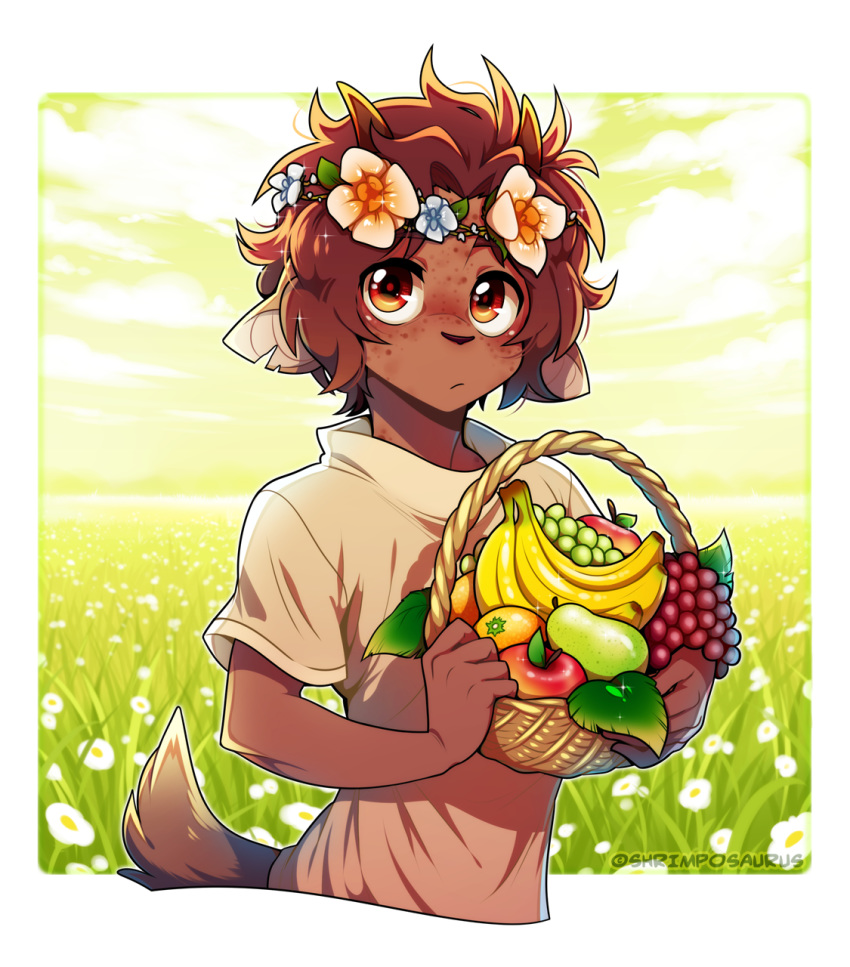 apple banana basket bovid caprine clothed clothing container detailed_background field floral flower flower_crown flower_garland food fruit fruit_basket garland goat grape grass head_wreath hi_res holding_object male mammal notched_ear orange_(fruit) pear plant shirt shrimposaurus solo summer topwear