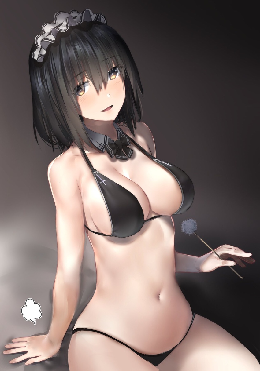 :d araido_kagiri arm_support bare_arms bare_shoulders bikini black_bikini black_bow black_bowtie black_hair bow bowtie breasts brown_eyes cleavage collarbone commentary_request detached_collar female hair_between_eyes highres holding large_breasts long_hair looking_at_viewer maid_headdress mimikaki navel open_mouth original puff_of_air sitting smile solo stomach swimsuit thighs